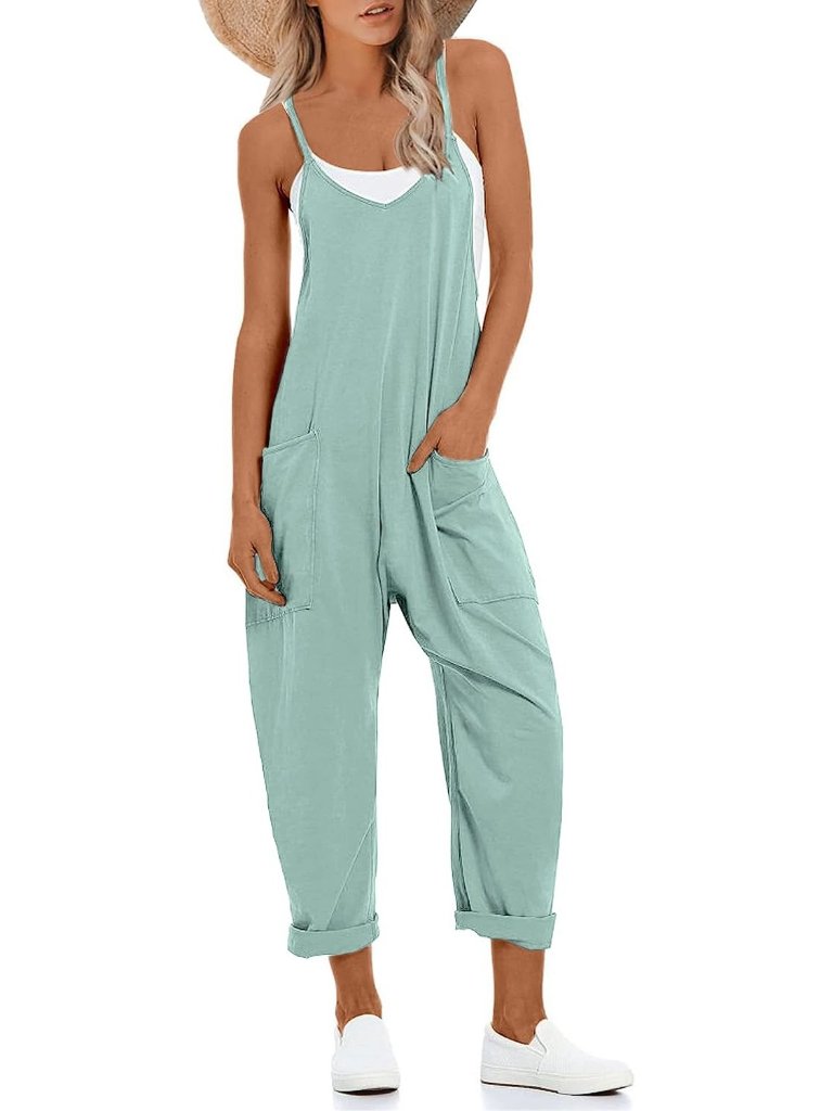 Women's Teal V Neck Sleeveless Overalls Stretchy Adjustable Strap Romper